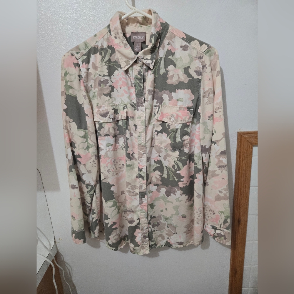 Chico's Floral Button-Down Blouse - Pink and Green